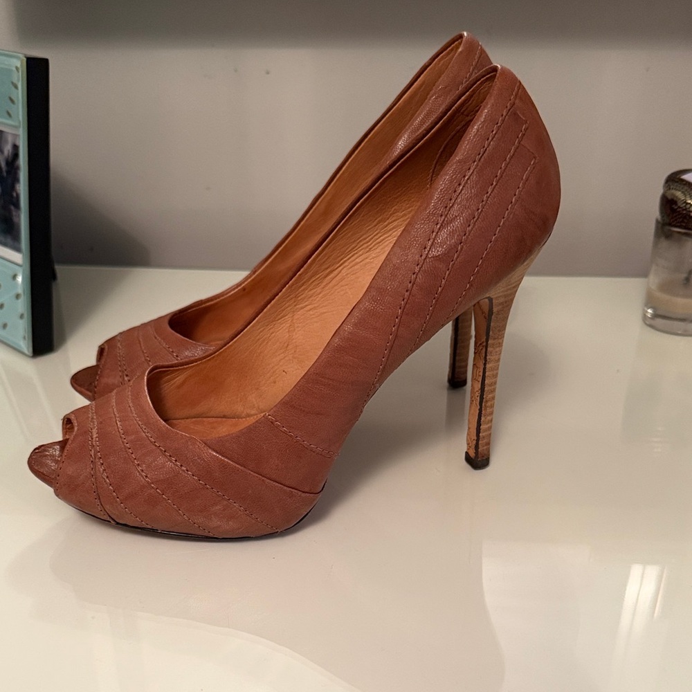 L.A.M.B. Tan Peep-Toe Heels